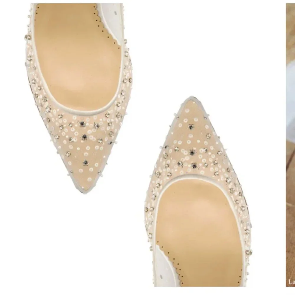 EVELYN IVORY Crystal & Sequin Illusion Mesh Sparkly Kitten Heels - Picture 4 of 4